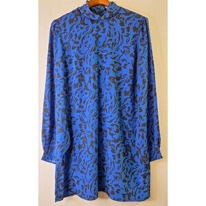 PEYTON JENSEN Royal Blue/Black Floral Print Mini Dress Sz Large Fairy Coquette